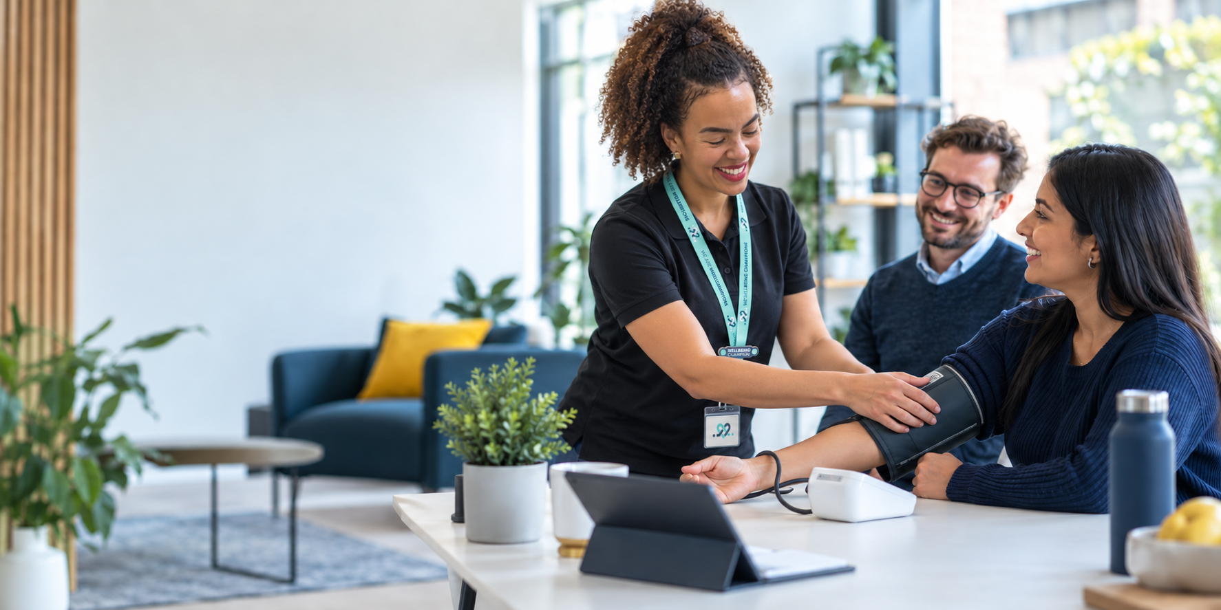 A wellbeing coach carrying out a workplace health check